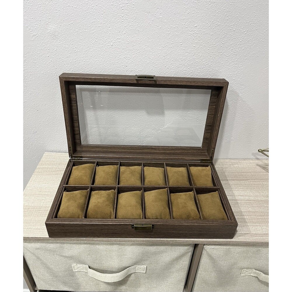 12-Slot Wooden Watch Box Display Case Organizer Glass Lid Men’s Jewelry Storage